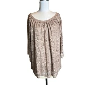 Sheer Lace Tunic Top Beige Long Sleeve Round Neck Women's 2X